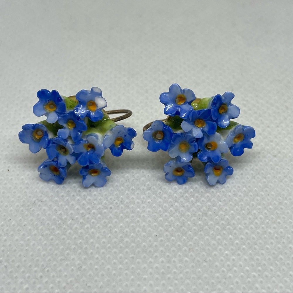 Vintage Denton England Bone China Cornflower Blue Hand Painted Earrings 1940s